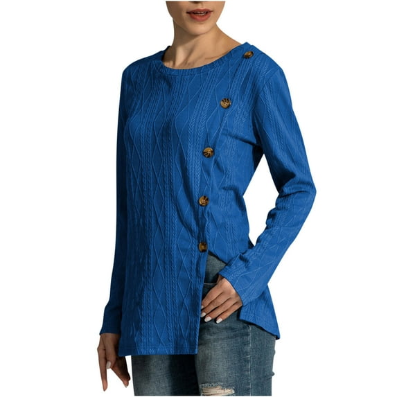 miqiqism Deals!Sweater for Women Long Sleeve Tunic Shirts Tunic Tops to Wear with Leggings Crewneck Sweaters Trendy 2024 Slim Fit Side Button Clothing,Blue,Large