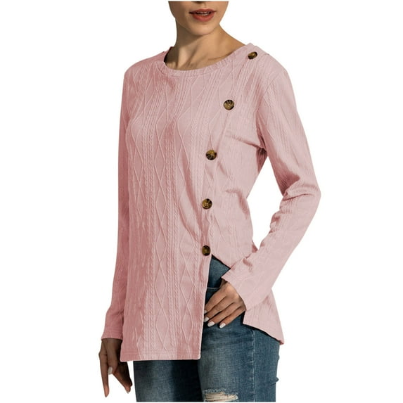 miqiqism Deals!Sweater for Women Long Sleeve Tunic Shirts Tunic Tops to Wear with Leggings Crewneck Sweaters Trendy 2024 Slim Fit Side Button Clothing,Pink,X-Large