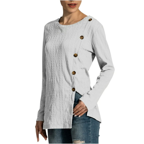 miqiqism Deals!Sweater for Women Long Sleeve Tunic Shirts Tunic Tops to Wear with Leggings Crewneck Sweaters Trendy 2024 Slim Fit Side Button Clothing,White,X-Large