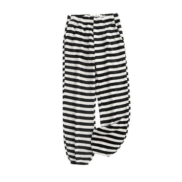 miqiqism Deals！Women Long Pants Sleepwear Flannel Fleece Lined Pj Pants Comfy Soft Sweatpants Striped Loungwear Elastic High Waist Trousers with Pocket Winter,Black,Large