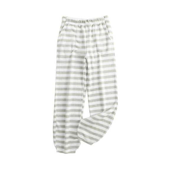 miqiqism Deals!Women Long Pants Sleepwear Flannel Fleece Lined Pj Pants Comfy Soft Sweatpants Striped Loungwear Elastic High Waist Trousers with Pocket Winter,Gray,XX-Large