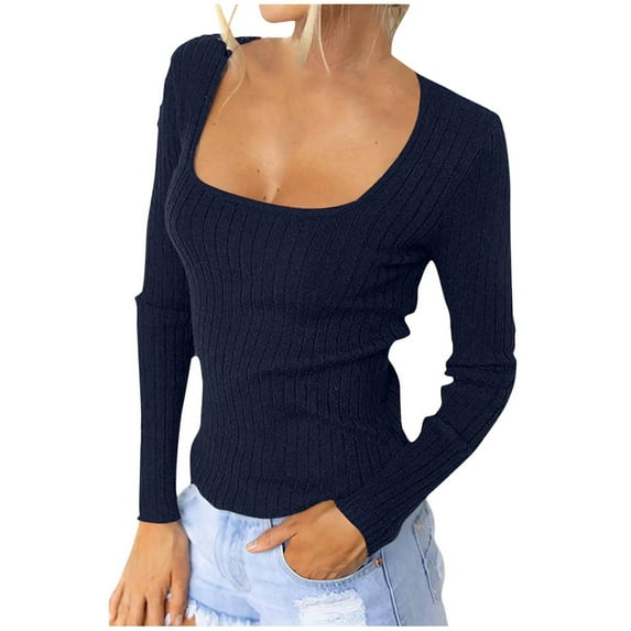 miqiqism Deals!Women Long Sleeve Pullover Top Square Neck Shirts Casual Fall Tops Loose Fit Lightweight Sweaters Tunic Fashion 2024 Autume,Navy,XX-Large