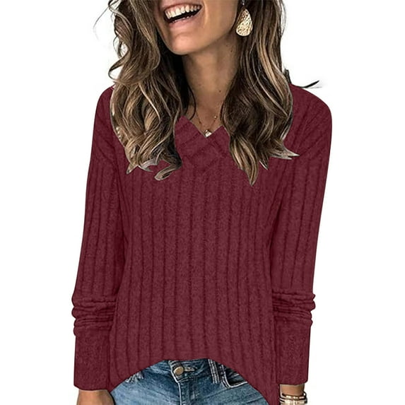 miqiqism Deals!Womens Fall Tops 2024 Fashion V Neck Long Sleeve Shirts Tunic Blouse Knit Casual Pullover Sweater Cozy Soft Clothing,Wine,X-Large