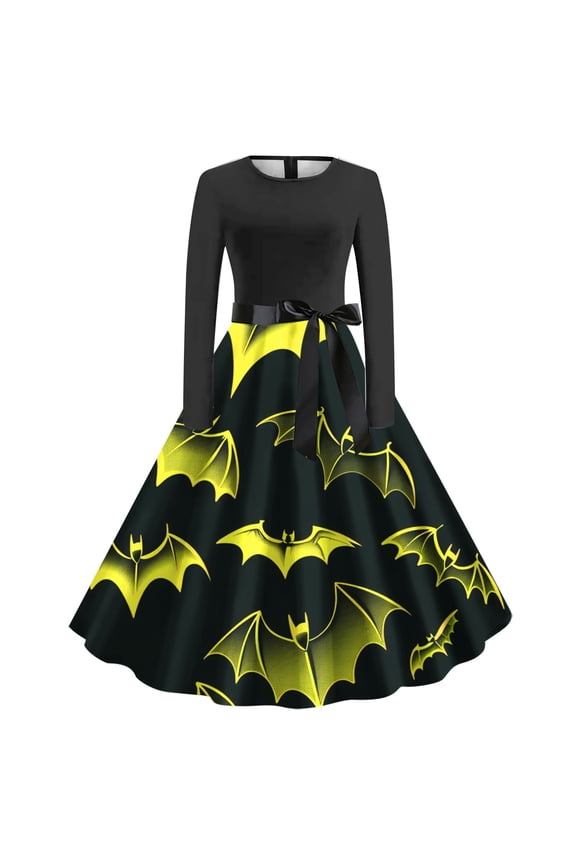 Dress for Women,2024 Elegant Long Sleeves Party Dresses,Trendy Cute Bats Print Swing Cocktail Dress Vintage Evening Prom Fitted Pleated Dress,Yellow,Large