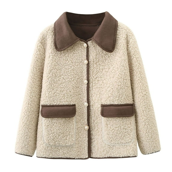 miqiqism Fall And Winter Jackets For Women Plus Sized Zipper Colorblock Fuzzy Fleece Lapel Coat Juniors Casual Fashion Button Down Cardigan Outwear With Pocket,Coffee,4X-Large