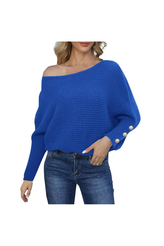 Fall Solid Sweaters for Women Casual Off The Shoulder Sweater Juniors Trendy Long Sleeve Pullover Sweater Shirts Fashion Button Knit Jumper Tops,Blue,Small