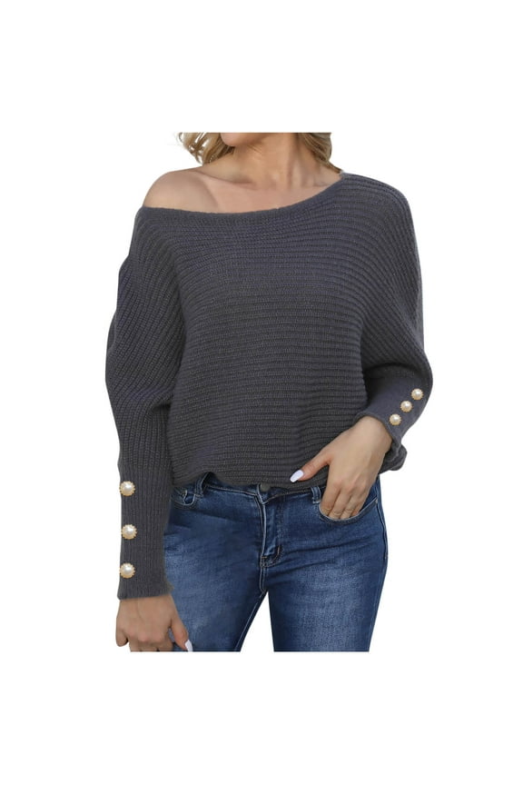 Fall Solid Sweaters for Women Casual Off The Shoulder Sweater Juniors Trendy Long Sleeve Pullover Sweater Shirts Fashion Button Knit Jumper Tops,Gray,Small