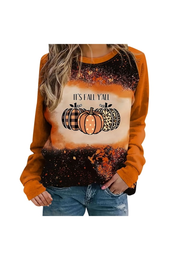 It's Fall Y'all Thanksgiving Day Sweatshirts Casual Crew Neck Tunic Sweatshirt Trendy Loose Tunic Tee Blouses Fashion Pumpkin Printed Gradient Tops Clothes,O#11_Orange,Medium