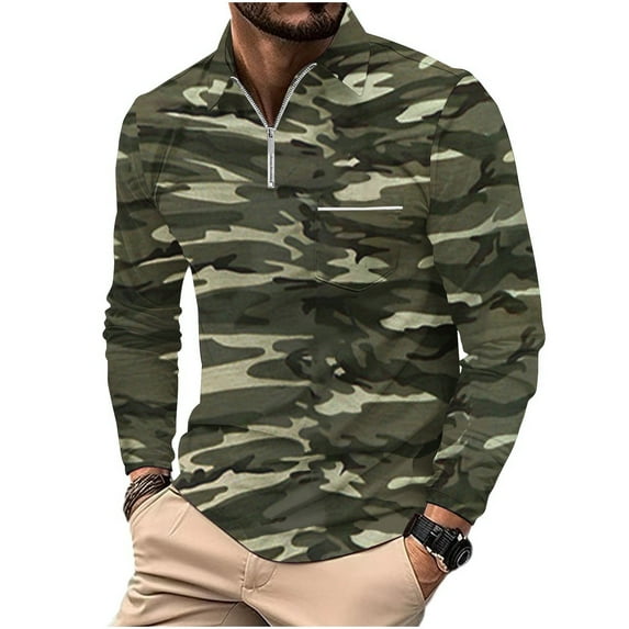 miqiqism Fashion Camouflage Pullover Shirts for Men Trendy Round Neck Lapel Shirts Casual Long Sleeves Blouses,Army Green,Small