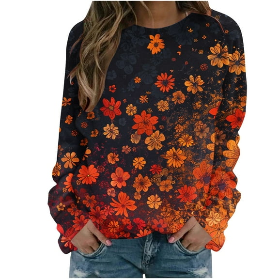 miqiqism Fashion Floral Printed Pullover Sweater for Women Comfy Crew Neck Long Sleeves Sweatshirts Casual Drop Shoulder Tunic Jumper Thermal Fall Winter Clothing,O#02_Orange,XX-Large