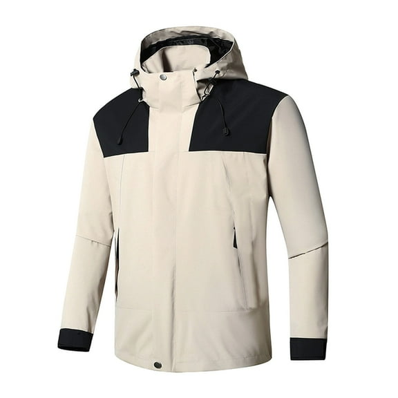 miqiqism Fashion Solid Color Jacket for Men Trendy Waterproof Lightweight Jacket with Zipped Pockets Casual Full Zip Tactical Jacket Sports Hooded,Khaki,Large
