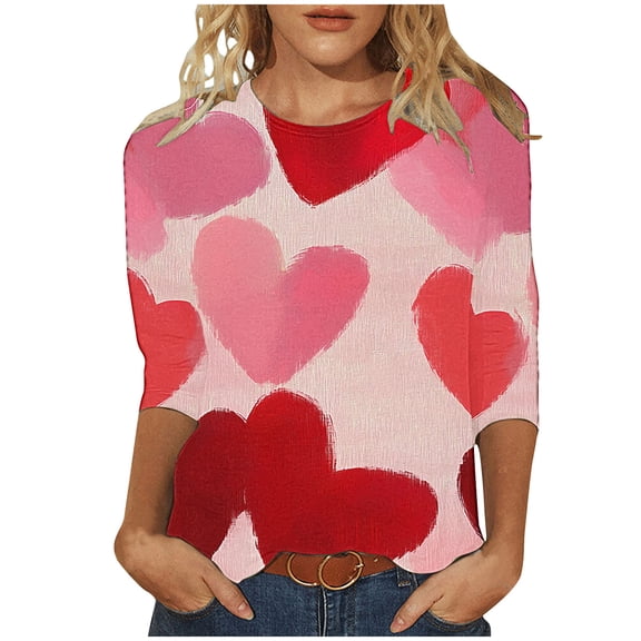 miqiqism Fashion Valentines Day Women Shirts Hearted Printed Top 3/4 Sleeves Pullover Tops Casual Crewneck Tunic Blouses Tee Shirt,Pink 02,Large