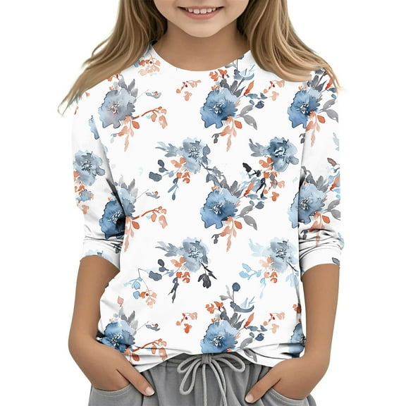 miqiqism Girl's Casual Tshirts 3/4 Sleeve Tunic Blouses Kids Fashion Boho Floral Graphic Tops Trendy Round Nec Tees Summer Vacation Clothing Going Out,03_Multicolor,Size 4 Years