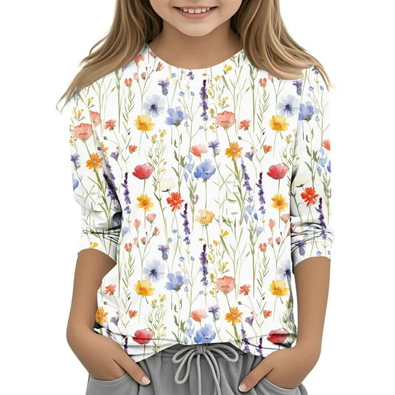 miqiqism Girl's Casual Tshirts 3/4 Sleeve Tunic Blouses Kids Fashion Boho Floral Graphic Tops Trendy Round Nec Tees Summer Vacation Clothing Going Out,01_Multicolor,Size 4 Years