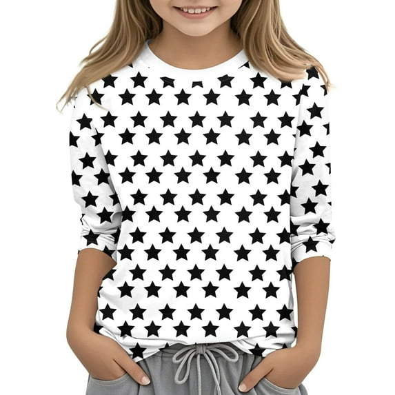 miqiqism Girls 3/4 Length Sleeve Shirts Plaid Loose Round Neck Pullover Tops Kids Blouses Fashion Tunic Outfits Spring Clothing,02_Black,Size 150