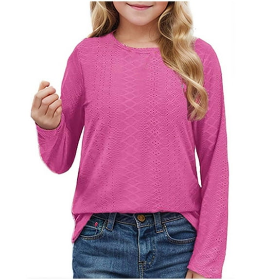 miqiqism Girls Eyelet Shirts Long Sleeve Tunic Tops for Leggings Round Neck Pullover Tshirts Loose Blouses Casual Outfits Going out,01_Hot Pink,Size 5 Years