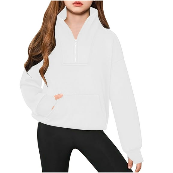 miqiqism Girls Long Sleeve Shirts Kids High Neck Tshirts Half Zip Vneck Blouses Fleece Lined Pullover Sweatshirts Loose Tunic Clothes wth Pocekts 5-14 Years,01_White,Size 150