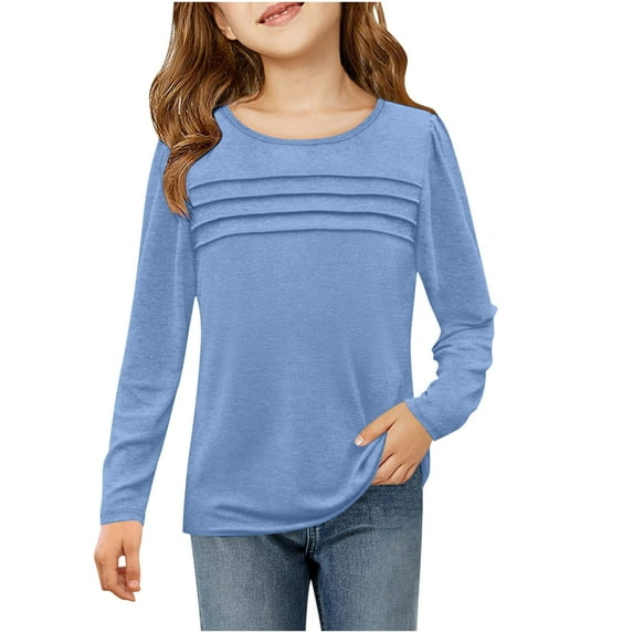 miqiqism Girls Pleated Pullover Tops Long Sleeve Loose Shirts Kids Casual Round Neck Blouses Fashion Tunic Tee Shirt Trendy Outerwear Outfit Streewear Clothing,01_Blue,Size 9 years