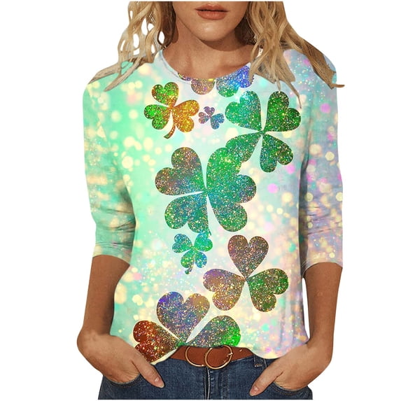 miqiqism Glitter Shamrock Shirt Women Tops Trendy, Summer Womens 3/4 Length Sleeve Tee Blouse Casual Soft Ligthweight Top Round Neck Clothing,#01_Green,Large