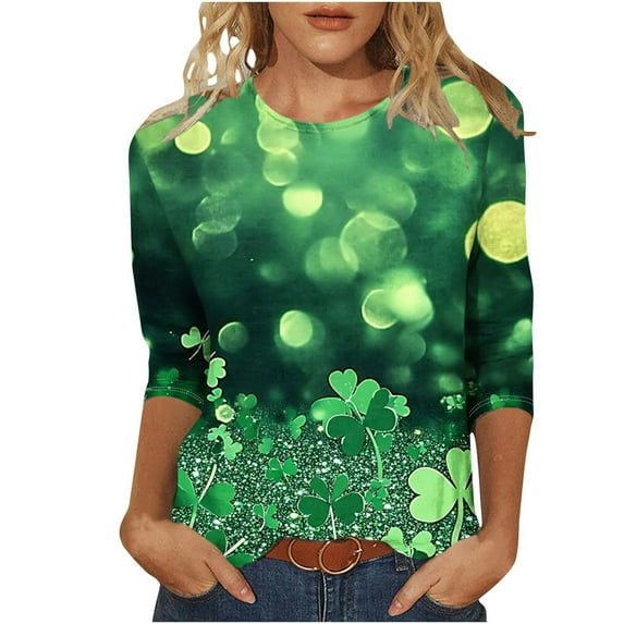 miqiqism Glitter Shamrock Shirt Women Tops Trendy, Summer Womens 3/4 Length Sleeve Tee Blouse Casual Soft Ligthweight Top Round Neck Clothing,#04_Green,5X-Large