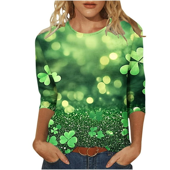 miqiqism Glitter Shamrock Shirt Women Tops Trendy, Summer Womens 3/4 Length Sleeve Tee Blouse Casual Soft Ligthweight Top Round Neck Clothing,#05_Green,XX-Large