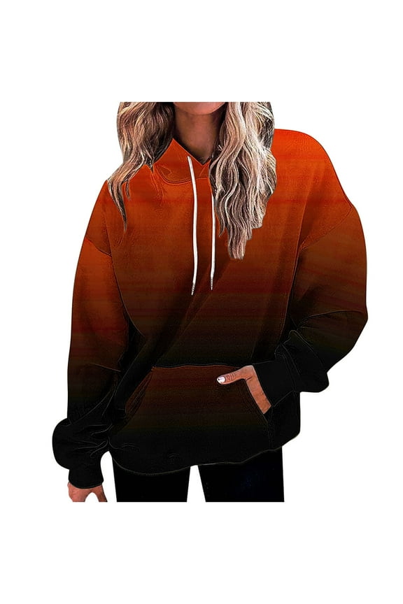 Gradient Hooded Sweatshirt Women Fashion Long Sleeve Pullover Tops Casual Drop Shoulder Lightweight Blouses Tshirts Loose Outfit 2025 Trendy,U01_Red,4X-Large