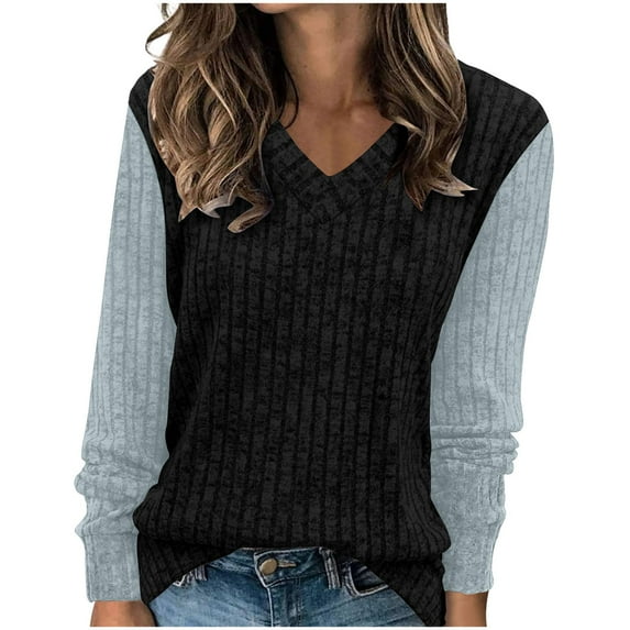 miqiqism Great discounts！Colorblock Shirts for Women Tunic Pullover Top Tendy Long Sleeve Crewneck Loose Blouse Knitwear Fall Winter,Z#01_Black,Small