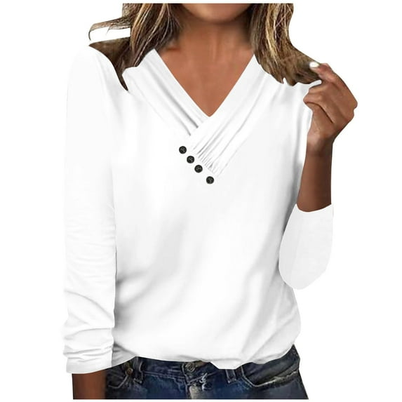 miqiqism Great discounts!Tops for Womens Plus Size Long Sleeve Pullover Shirts V Neck Fashion Blouse Tees Button Printed T Shirt,X03_White,Large