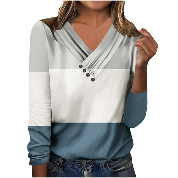 miqiqism Great discounts!Women Button Lightweight Tops Casual Long Sleeve Shirts Solid V Neck Button Pullover Fall Pleated Clothing,X01_Light Blue,X-Large