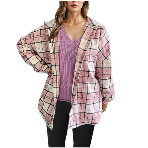 miqiqism Great discounts！Women Plaid Shirts Coats Hooded Oversize Long Sleeve Open Front Hoodies Sweaters Shirts Teen Girls Button Down Blouses Top Jackets,X#01_Pink,X-Large