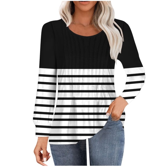 miqiqism Great discounts！Womens Striped Shirts Casual Round Neck Tops Long Sleeve Pullover Tees Loose Gradient Clothing,Striped#01_White,Small