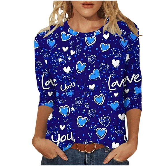 miqiqism Happy Valentine's Day T-Shirt Women 3/4 Sleeves Blouses Crewneck Pullover Top Loose Fit Tunic Clothing Lightweight Basic Tees,Blue,Small