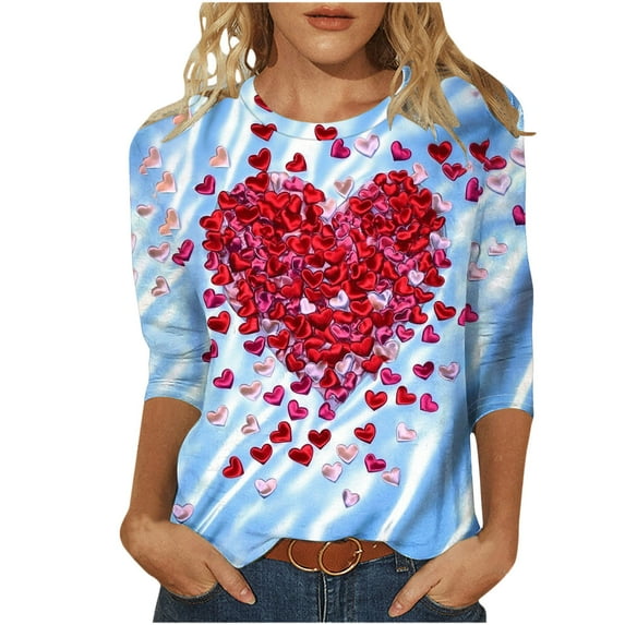 miqiqism Happy Valentine's Day T-Shirt Women 3/4 Sleeves Blouses Crewneck Pullover Top Loose Fit Tunic Clothing Lightweight Basic Tees,Sky Blue,XX-Large