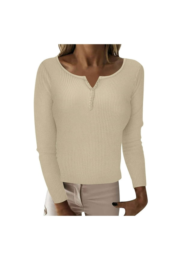 Henley Neck Sweater for Women Casual Button Long Sleeves Sweaters Juniors Slim Fit Solid Knitwear Lady Cropped Pullover Warm Knit Shirt,Beige,Small