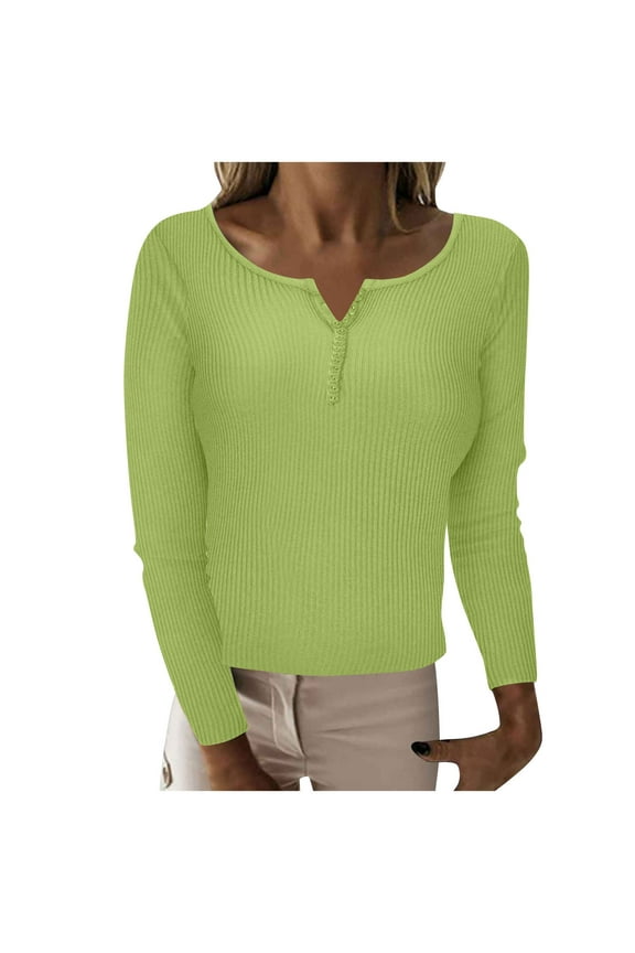 Henley Neck Sweater for Women Casual Button Long Sleeves Sweaters Juniors Slim Fit Solid Knitwear Lady Cropped Pullover Warm Knit Shirt,Green,Small