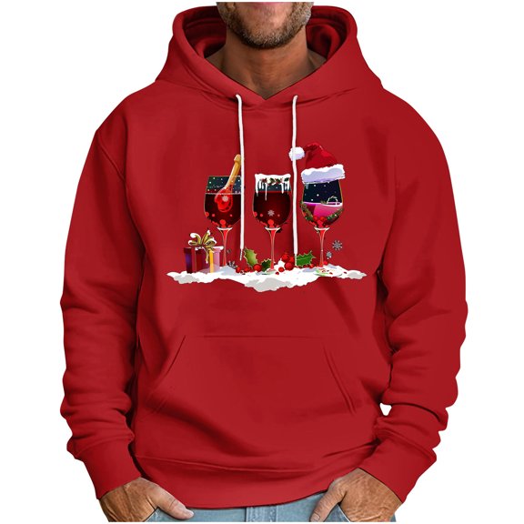 miqiqism Hoodies for Men Fashion Printed Pullover Sweatshirts with Pockets Cozy Long Sleeve Hoody Drawstring Jumper Casual Christmas Tops,Red,XX-Large