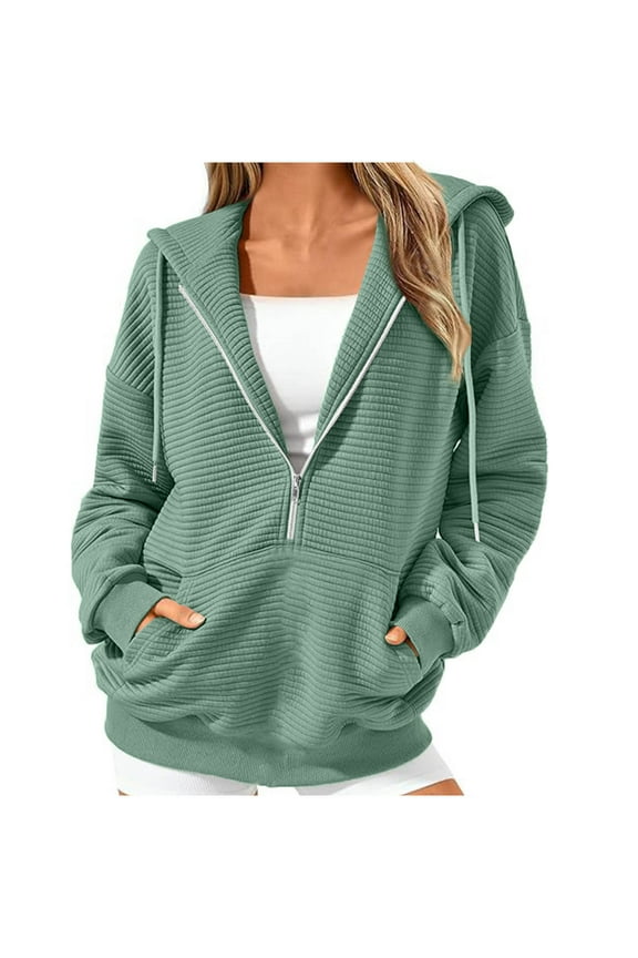 Hoodies for Women Trendy Tunic Sweatshirts Ladies Casual Half Zipper Hooded Juniors Comfy Long Sleeve Shirts Loose Fit Blouses Drawstring Pullover Tee,Green,Large