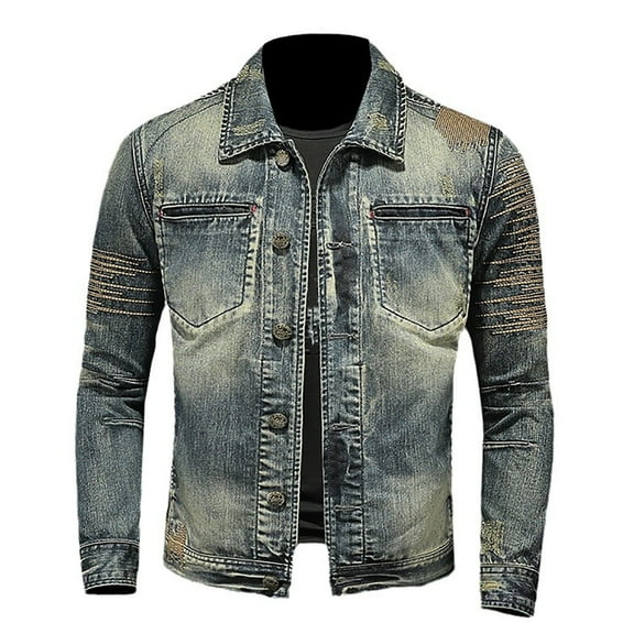 miqiqism Jean Jacket for Men, Fashion Mens Denim Jacket Washed Classic Casual Distressed Ripped Jean Jackets Slim Fit Trucker Jacket with Pockets,Blue,Large