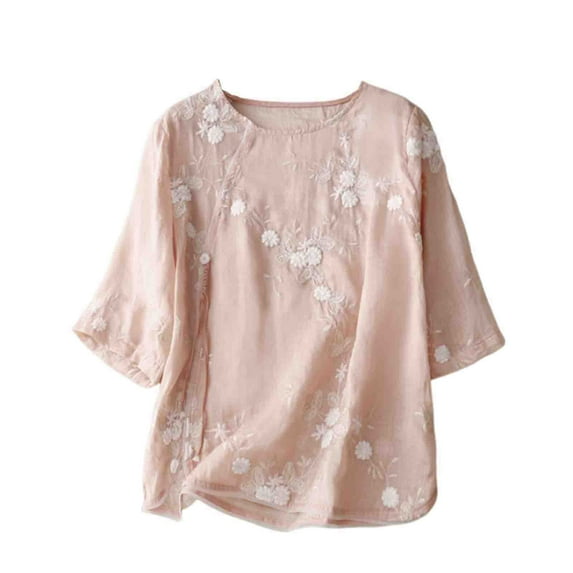miqiqism Juniors Trendy Embroidered Blouses Comfy Basic Pure Color Tops Teen Girls Round Neck Pullover Shirts Lady Casual 3/4 Sleeves Curved Hem Clothing,PinkMedium