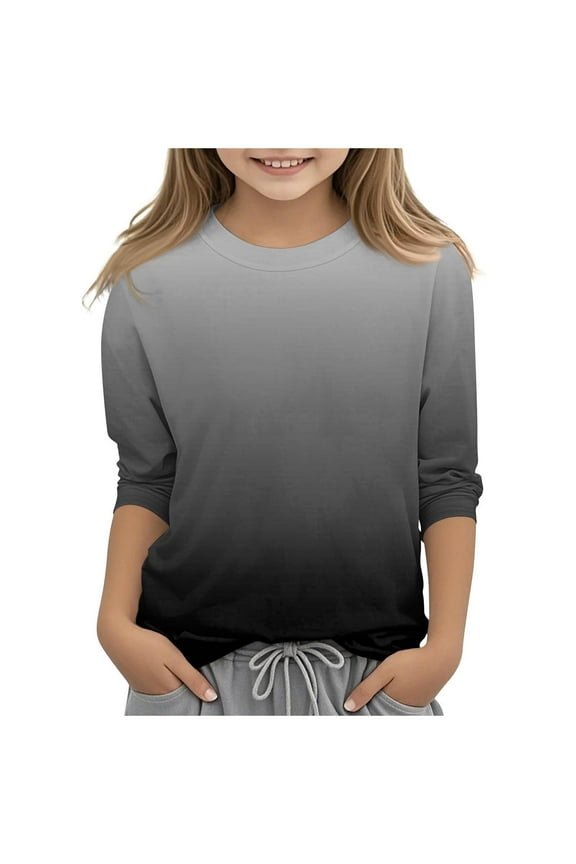 Kid 3/4 Length Sleeve Shirts Round Neck Pullover Child Fashion Tops Gradient Tshirts Casual Dress Blouses Boys and Girls Jersey Spring Summer,01_Black,Size 150