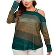 thumbnail image 1 of miqiqism Lady Plus Size Tops Trendy Striped Gradient Tshirts Off Shoulder Straped Shirts Women Lightweight Oversized Blouses Dressy Casual Outfit,01_Green,3X-Large, 1 of 4