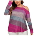 thumbnail image 1 of miqiqism Lady Plus Size Tops Trendy Striped Gradient Tshirts Off Shoulder Straped Shirts Women Lightweight Oversized Blouses Dressy Casual Outfit,01_Pink,X-Large, 1 of 4