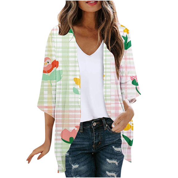 miqiqism Lightweight Cardigans for Women Trendy Casual Open Front Graphic Floral Print Cardigan Juniors Fashion Long Sleeve Pleated Tops Cover Up Jacket,White,XX-Large
