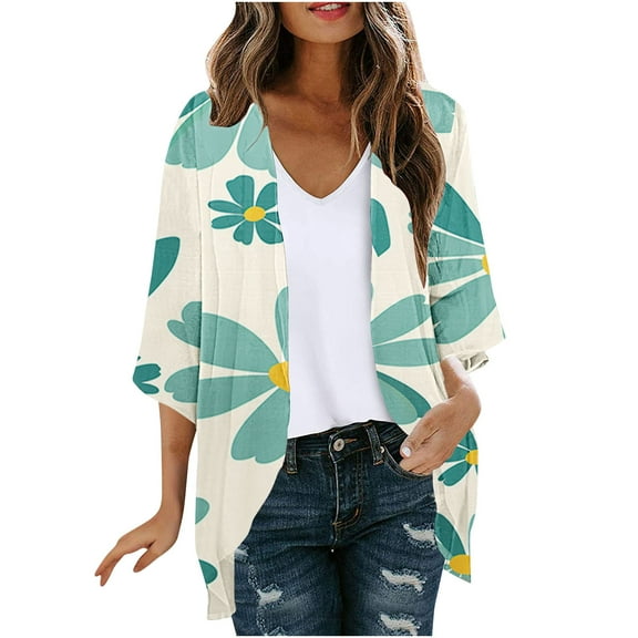 miqiqism Lightweight Cardigans for Women Trendy Casual Open Front Graphic Floral Print Cardigan Juniors Fashion Long Sleeve Pleated Tops Cover Up Jacket,Green,Small