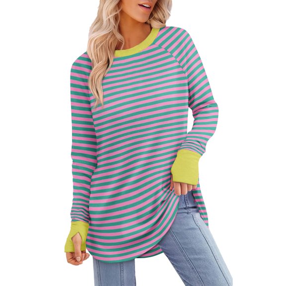 miqiqism Long Sleeve Shirts for Women Cotton Loose Pullover Tops Juniors Fall Striped Colorblock Tunic Tops T Shirts Round Neck Blouses Outfit,Purple,Small