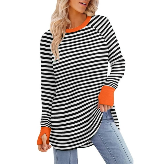miqiqism Long Sleeve Shirts for Women Cotton Loose Pullover Tops Juniors Fall Striped Colorblock Tunic Tops T Shirts Round Neck Blouses Outfit,Black,Medium