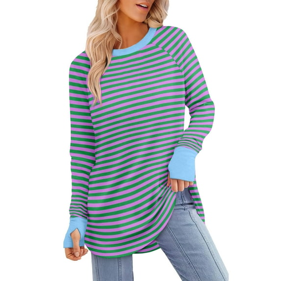 miqiqism Long Sleeve Shirts for Women Cotton Loose Pullover Tops Juniors Fall Striped Colorblock Tunic Tops T Shirts Round Neck Blouses Outfit,Blue,Medium