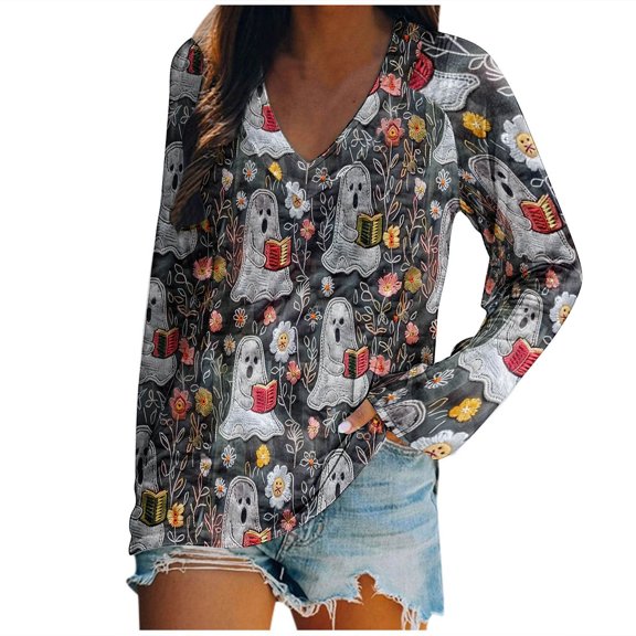 miqiqism Long Sleeve Shirts for Women Fall Halloween Tee Shirt Casual Dressy Ghost Blouses V Neck Tunic Tops for Leggings Trendy Pullover Tunic Sweatshirt,Gray,Large