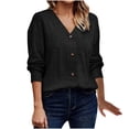 thumbnail image 1 of miqiqism Long Sleeve Shirts for Women Vneck Button Tshirts Juniors Loose Drop Shoulder Blouses Teen Girls Lightweight Sweatshirts Spring Outfits,#01_Black,XX-Large, 1 of 6