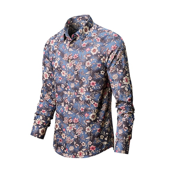 miqiqism Men Floral Dress Shirts Trendy Long Sleeve Tee Blouses Men's Casual Button Down Flower Printed Shirts Comfy Lapel Neck Blouse,Gray,5X-Large